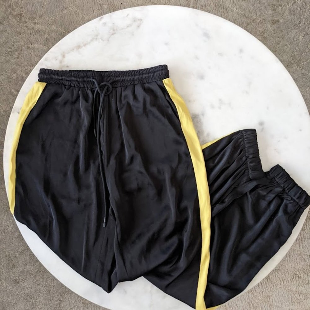 Solaris Style Satin High Waist High Rise Joggers with Yellow Stripe Panel - Picture 2 of 4